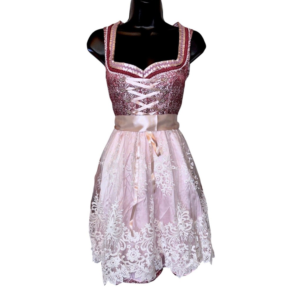 New XL Burgundy Pink Lace Oktoberfest Dirndl Dress German Bavarian Floral